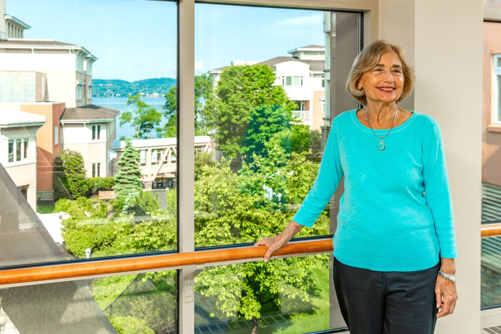 Woman in walkway with Hudson River in the background